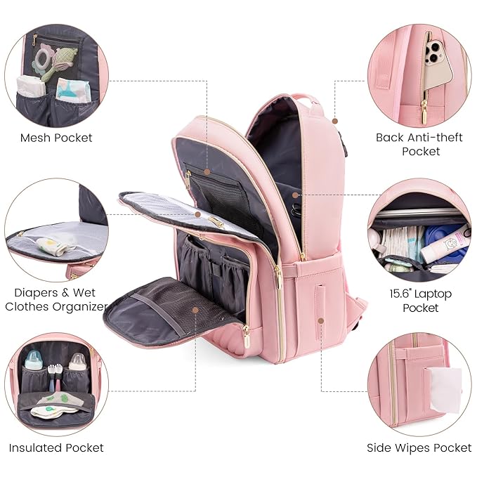 LOVEVOOK Diaper Bag Backpack, Quilted Baby Bag with Changing Pad & Pacifier Holder, Waterproof Travel Diaper Bags for Baby Boys Girls, Stylish and Large Capacity,Pink