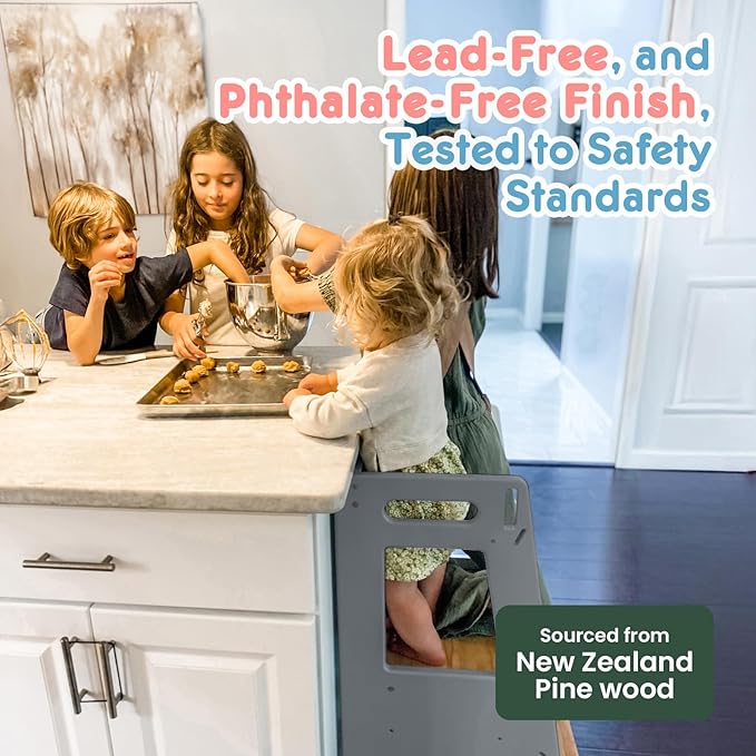 Toddler Kitchen Stools Helper with Adjustable Height and Anti-Slip Protection, Kids Standing Tower with Safety Rail, Kids Montessori Stool with Learning Chalkboard, Gray