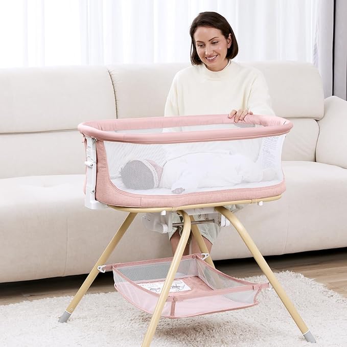 ANGELBLISS 3 in 1 Baby Bassinet, Rocking Bassinets Bedside Sleeper with Calming Motion, Portable Nest for Newborn Infant, Breathable Mesh (Pink)