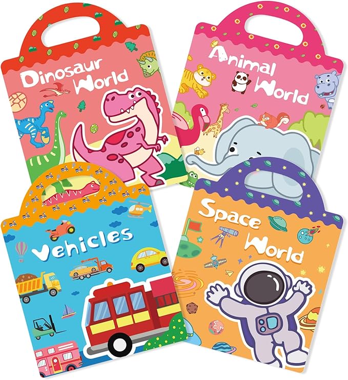 Jelly Sticker Books Reusable 4 Sets Sticker Pack Toddlers Toy 3-12 Years Baby Boy/ Girl Gift Essential, Airplane Baby Toy, Travel Essential Durable Skin-Friendly ( Animals, Dinosaurs, Space, Vehicles)