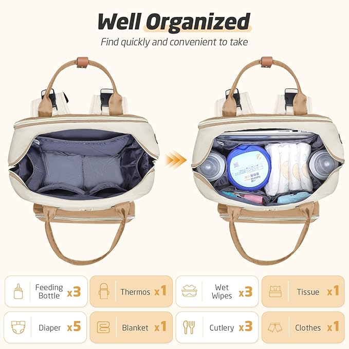 Diaper Bag Backpack - Extra Large Diaper Bag for 2 Kids Twin, Travel Baby Bags for Mom Dad 25-37L Expandable with Changing Pad Earphone Hole, Apricot Beige