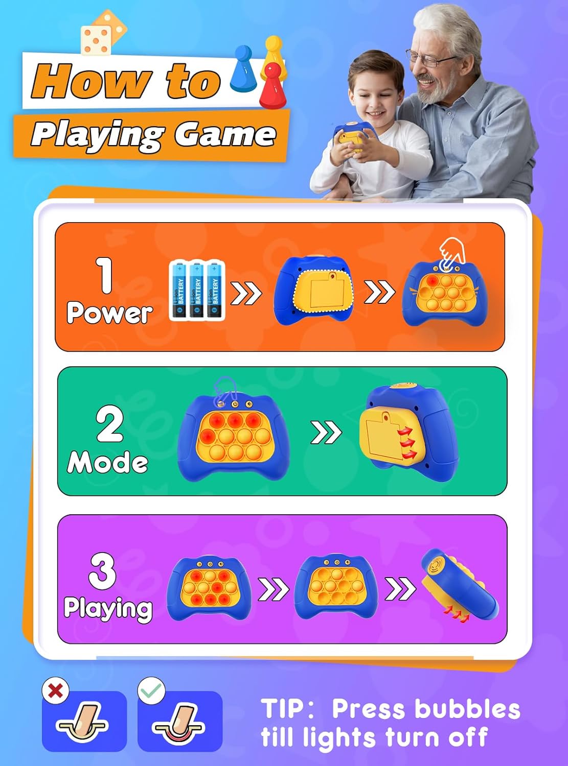 Light Up Bubble Up Fidget Toy, Electronic Quick Push Game Console, Birthday Gifts for 6 7 8 9 10-12 Year Boys and Girls Push Up Stress Toy, Concentration Fast Speed Puzzle Game for Family Party - Blue