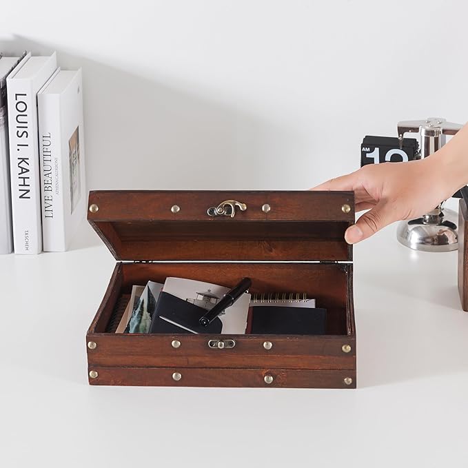 Soul & Lane Vintage Wooden Treasure Chest - Elegant Decorative Storage & Keepsake Box with Antique Hardware, Wood Box Trunk for Photos, Mementos, Office Supplies