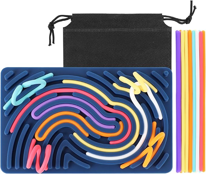 Sensory Activity Board, Silicone Fidget Toy for Stress Relief, Calming, Focus, ADHD and Autism, 6 Colors Sensory Toys Game Controller for Kids 2+ & Adults with 20 Strings (Navy Blue)