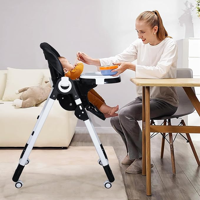 4 in 1 Baby High Chair, High Chairs for Babies and Toddlers, Foldable Highchair with 4 Wheels, 4 Levels of Recline and 7 Levels of Height Adjustment (Black)