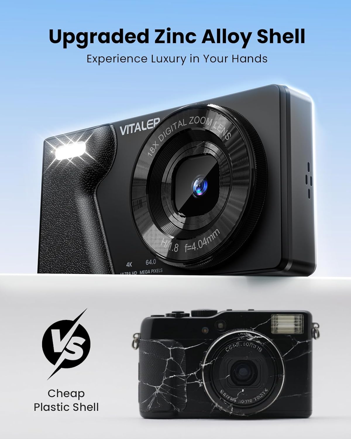 Digital Camera with Front Rear Lens, Autofocus 64MP 4K Camera for Photography with 32GB Card, Portable Compact Point and Shoot Camera for Teens Adult Beginner with Metal Shell, 2000mAh Battery