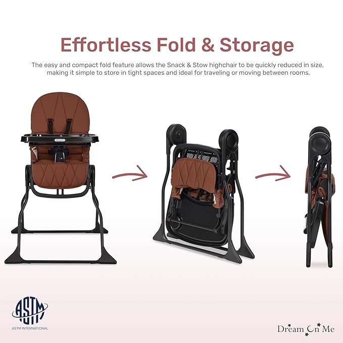Dream On Me Snack and Stow Highchair | Adjustable Feeding Chair with Removable Tray, Lightweight, Foldable Design, Easy to Clean, Perfect for Toddlers & Infants