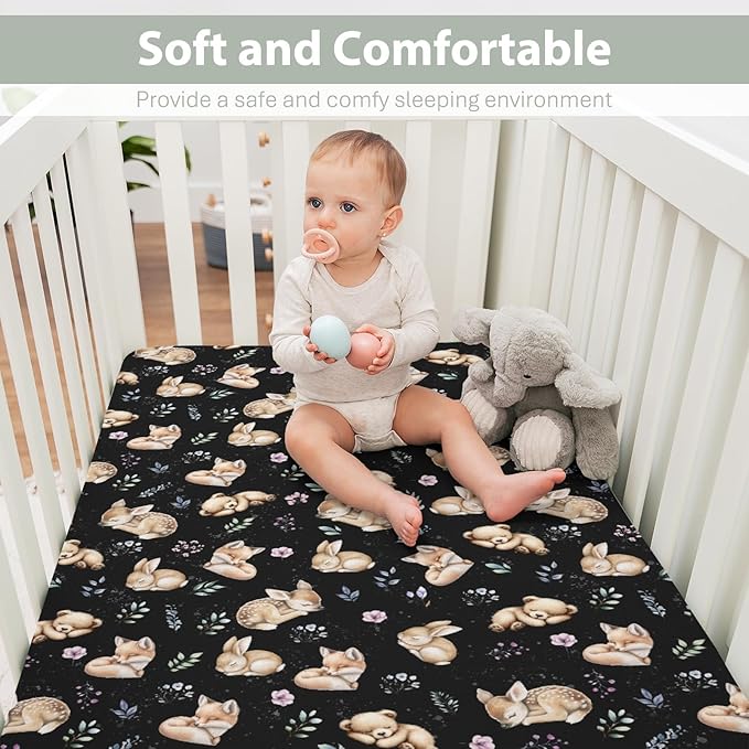Sleeping Spring Animals Baby Crib Sheets Boy Girl 28"x52" Bear Deer Bunny Floral Leaves Soft Snug Fitted Crib Mattress Cover Cute Animals Baby Sheet for Standard Crib & Toddler Mattress