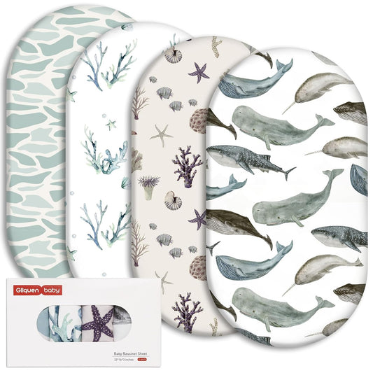 Gllquen Baby Bassinet Sheets 4 Pack, Breathable Cozy Fitted Mattress Sheet, Elastic Travel Crib Fashionable Pattern, Standard Cradle Safe Sheets for Baby Boys Girls 32"x16" (Marine)