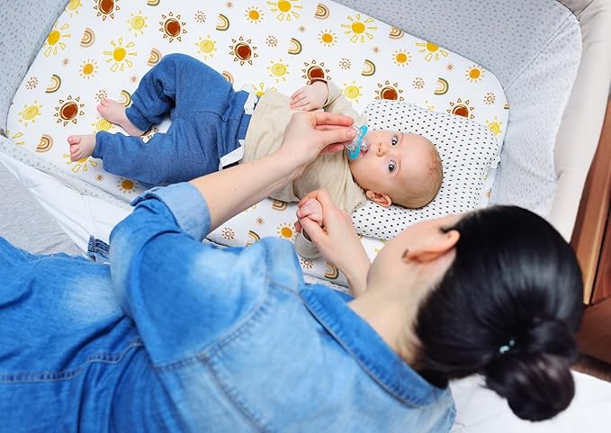 Jola's House 4 Pack N Play Sheets - Mini Crib Sheets Boho Nursery Sheets, Sunshine & Rainbow Design - Neutral Unisex Fitted Baby Crib Sheets for Baby Boys or Girls