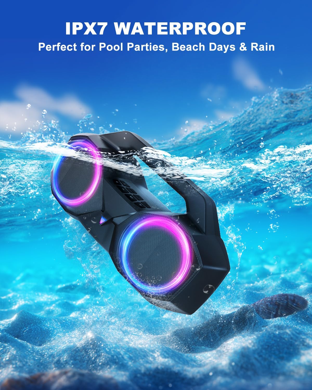 Bluetooth Speaker 80W(Peak)Loud with Bass, 20H Playtime, IPX7 Waterproof, RGB Lights, TWS, Large Portable Wireless Speakers for Outdoor, Home, Party, Pool, Beach, Tailgating, Gym, Work, Gifts (Black)