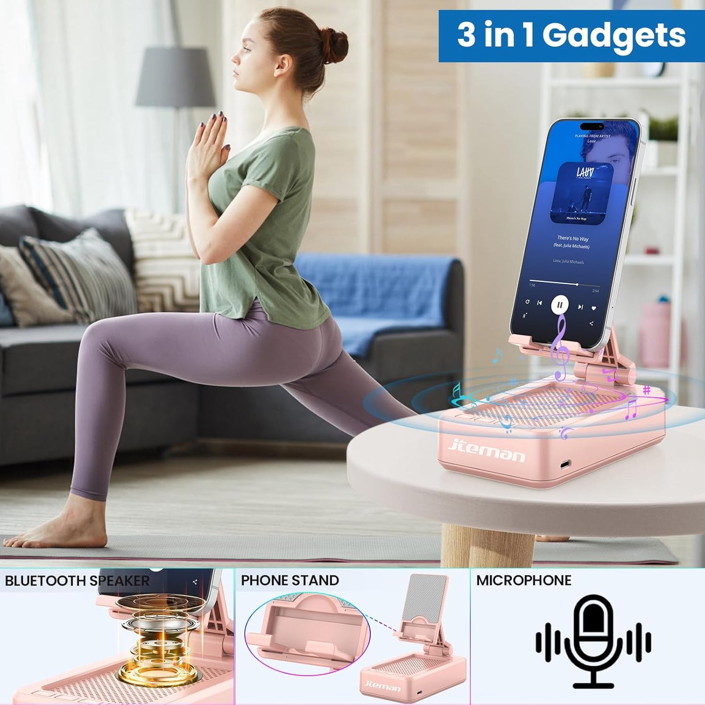 JTEMAN Cell Phone Stand with Bluetooth Speaker,Birthday Gifts for Women and Men,Kitchen Gadgets for Men,Compatible for iPhone/Samsung/Mini iPad - Pink