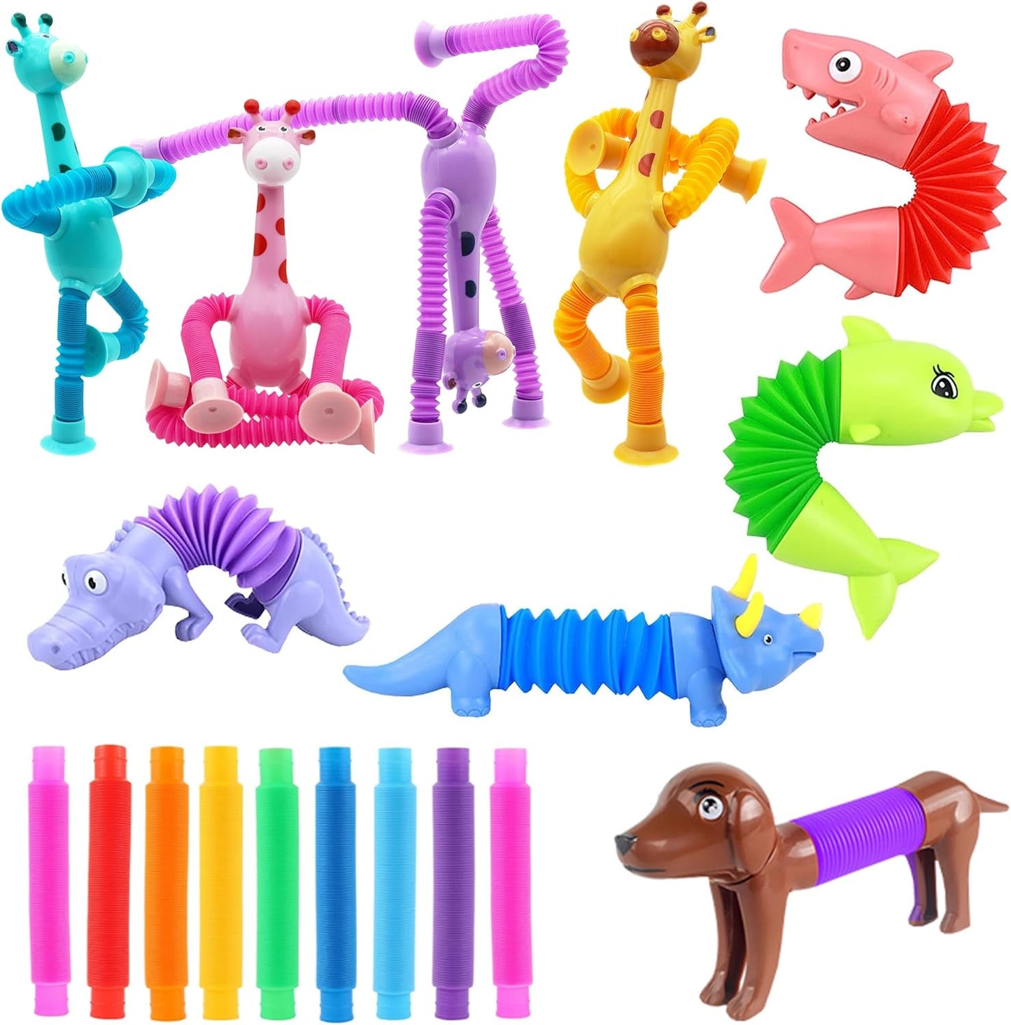 Telescopic Suction Cup Giraffe Toys, 18 Pack Pop Tubes Party Favors for Kids, Kawaii Animals Giraffe Pop Tube Sensory Toys for Classroom Prizes Stocking Stuffers (18 PCS)