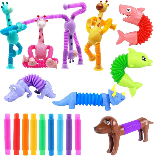 Telescopic Suction Cup Giraffe Toys, 18 Pack Pop Tubes Party Favors for Kids, Kawaii Animals Giraffe Pop Tube Sensory Toys for Classroom Prizes Stocking Stuffers (18 PCS)