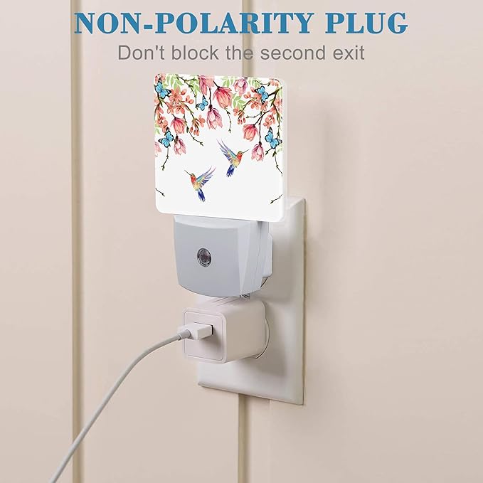 Hummingbirds and Blue Butterflies Night Light Plug into Wall with Dusk to Dawn Sensor Cute Nightlight for Kid Girls Boys Women Men Room Decor, Hallway, Kitchen, Bathroom, Nursery, Stairs