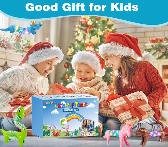 10 Pack Animals Halloween Fidget Toys for Toddlers, LED Animal Pop Tubes for Kids 3 4 5 6 7 8 Year Old Girls Boys Birthday Gifts Autism Sensory Toy for Kid Age 3-8 Tube Light Up Party Favors