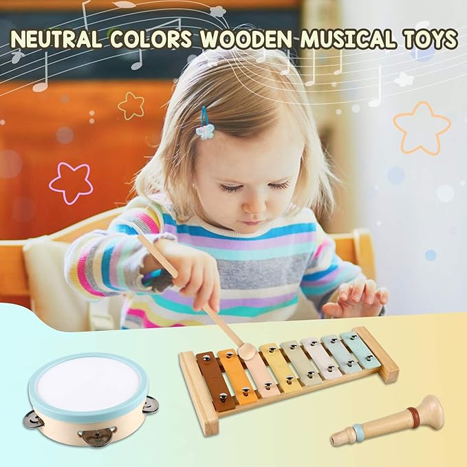 LOOIKOOS Baby Musical Instruments,Montessori Wooden Toys for Toddlers 1-3 Preschool Educational Neutral Colors Percussion Instruments Set with Modern Boho Xylophone for Kids