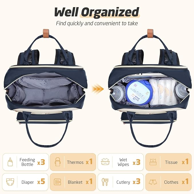 Diaper Bag Backpack - Extra Large Diaper Bag for 2 Kids Twin, Travel Baby Bags for Mom Dad 25-37L Expandable with Changing Pad Earphone Hole, Apricot Blue