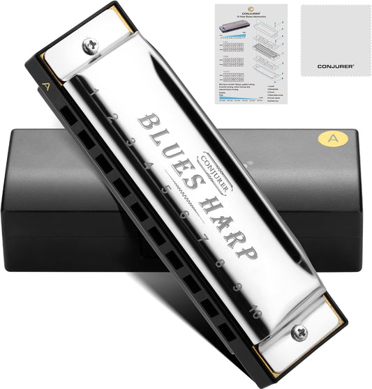 CONJURER Blues Harmonica for Beginners, 10 Hole A Key Diatonic Blues Harp with Stainless Steel Cover & Phosphor Bronze Reeds, Professional Grade for Adults, Gifts (Silver A)