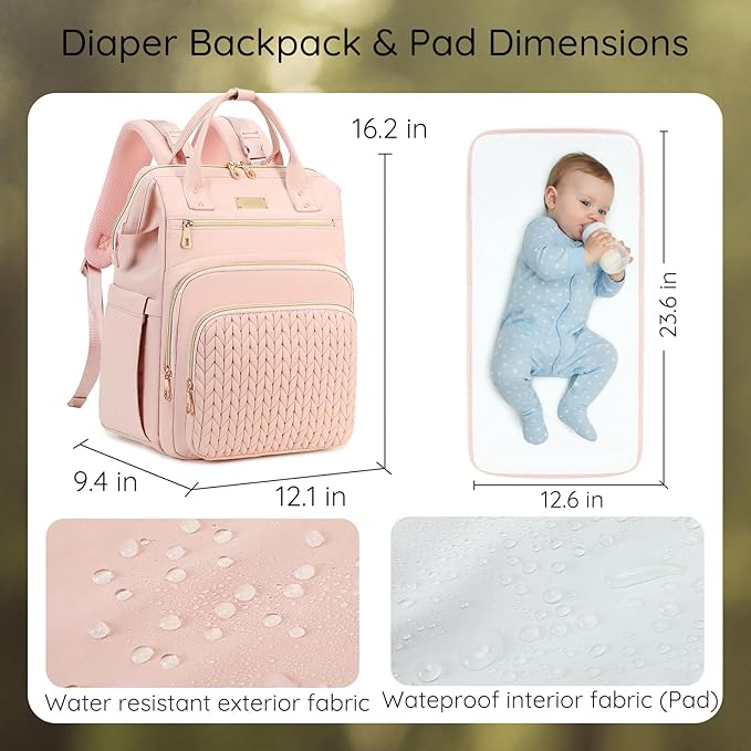 AIJIEKE Diaper Bag, Large Wide-Open Baby Diaper Backpack, Multi-functional Baby Travel Tote Bag, Diaper Bag with Changing Pad, Diaper Bags for Mom & Maternity (Pink)