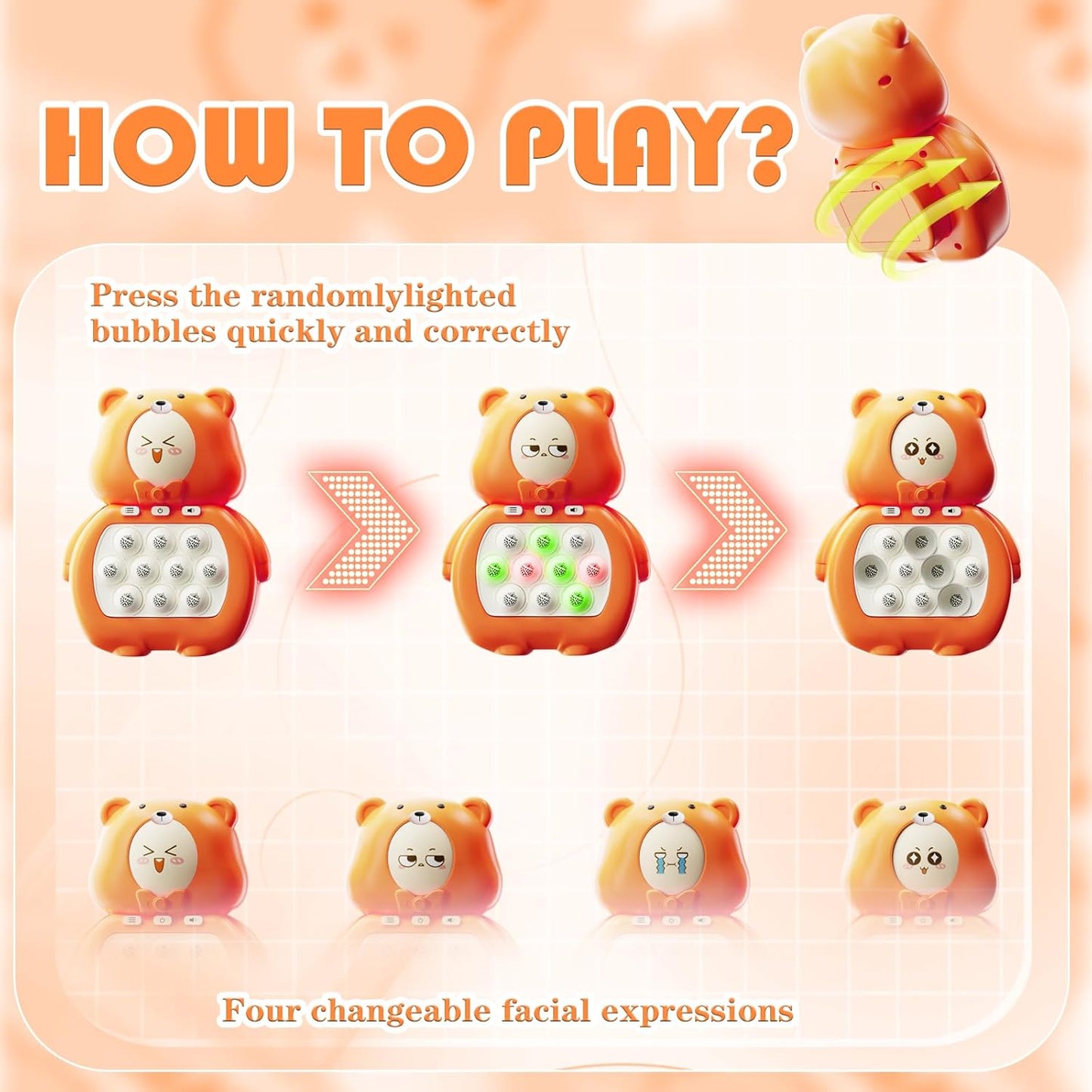 Fast Push Game, Light Up Pop Game Console, Handheld Game for Kids Age 6-12, Fast Push Bubble Game, Fidget Toys for Kids, Stress Relief Game for Kids and Adults, Birthday Gift (Orange Bear)