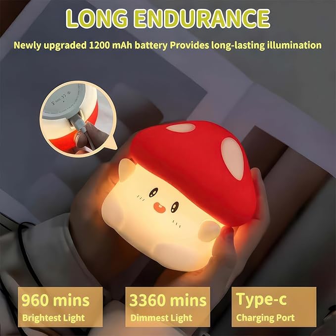 Cordless Mushroom Lamp, Adorable Mushroom Night Light, Soft Silicone Dimmable Night Light for Kids Baby Rooms,Rechargeable Touch Desk Lamp with Timer for Nursery, Dorm Decor
