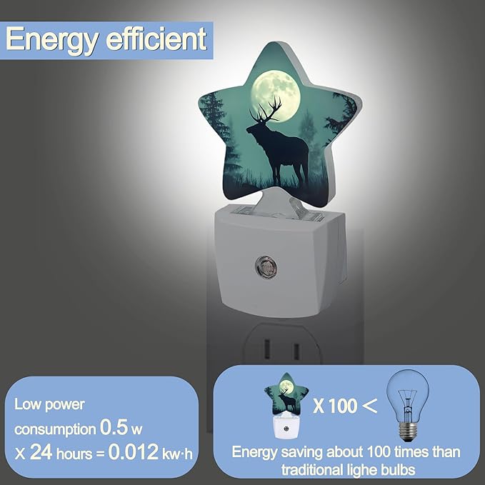 Night Light,Forest Deer Plug into Wall with Dusk to Dawn Light Sensors,Moon Misty Mountains Warm Star Nightlights for Bedroom,Bathroom,Hallway,Kitchen Home Decor Desk Lamp