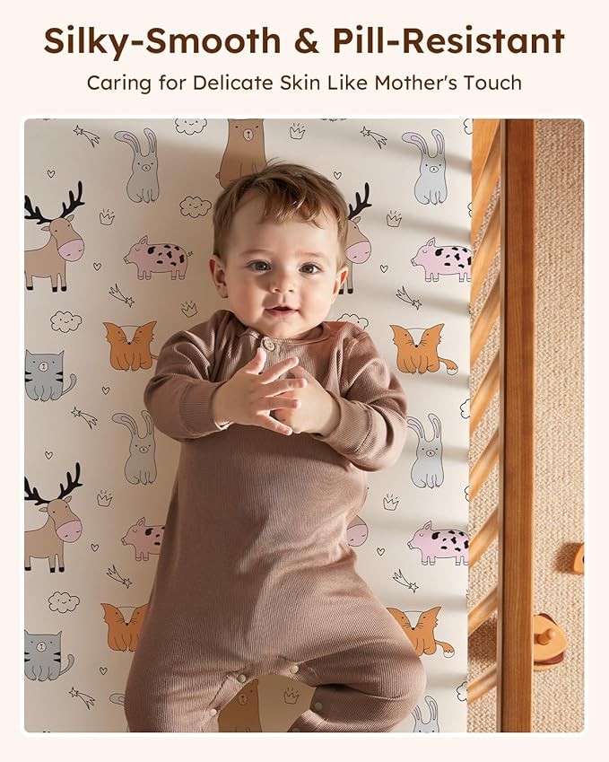 Pack and Play Sheets Fitted 3 Pack, Mini Crib Sheets for Pack N Play Mattress Stretchy Portable Playard Sheets, Soft Breathable Blue & Apricot Bear