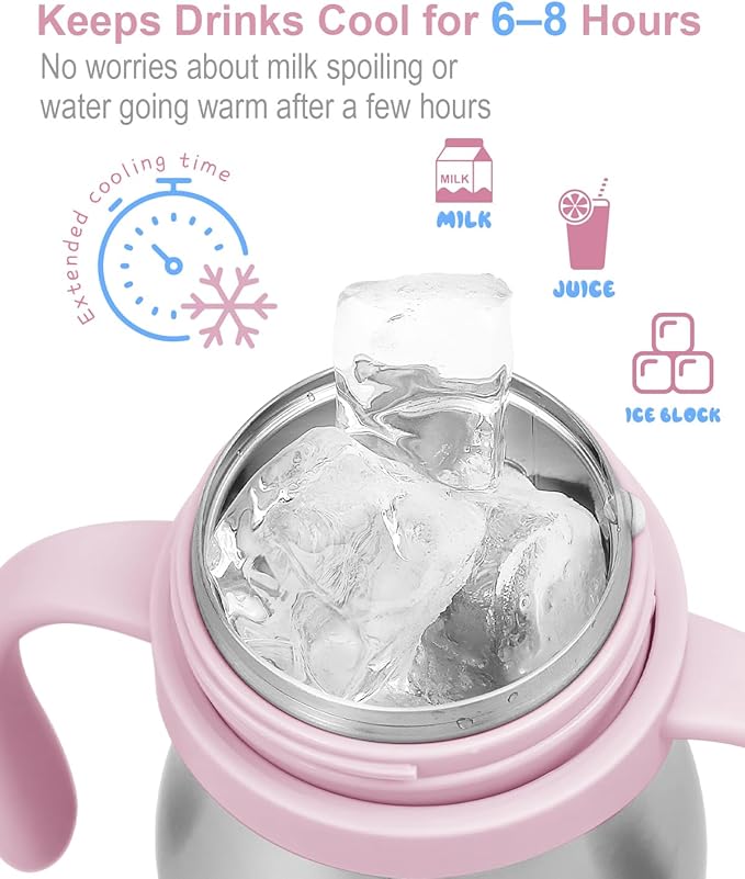 Stainless Steel Sippy Straw Cup for Toddlers 1-3 Years Old, Insulated Toddler Water Bottle Baby Training Tumbler with Handles, 8oz Kids Straw Cups for Travel, Daycare & At Home, Pink