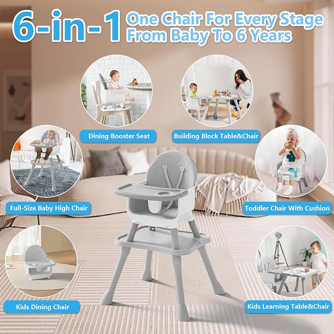 6 in 1 Baby High Chair for Babies and Toddlers, Booster Seat, Kids Learning Table & Chair (Grey)