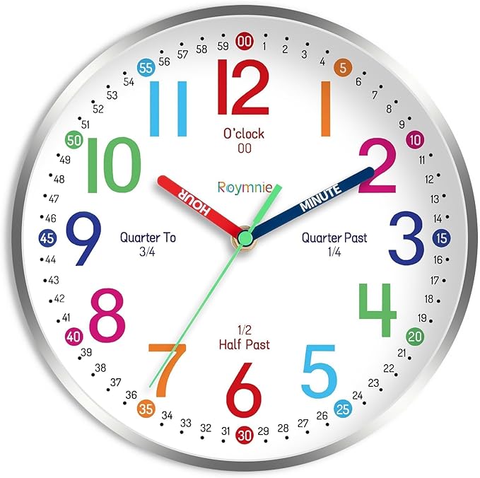 14 Inch Wall Clock for Kids Learning to Tell Time, Modern Silent Battery Operated Teaching Clock, Ideal Gift for Kids Room School