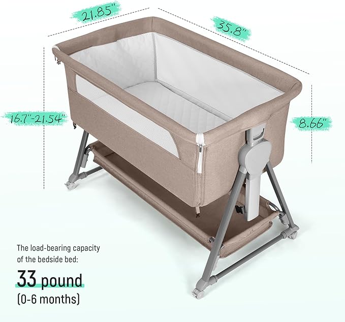 Cowiewie Bassinet Bedside Sleeper, Baby Bassinet with 7 Adjustable Height, Bedside Bassinet for Baby with Storage, Breathable Mesh & Mattress, Portable Bassinet Easy Folding (Baby Brown)