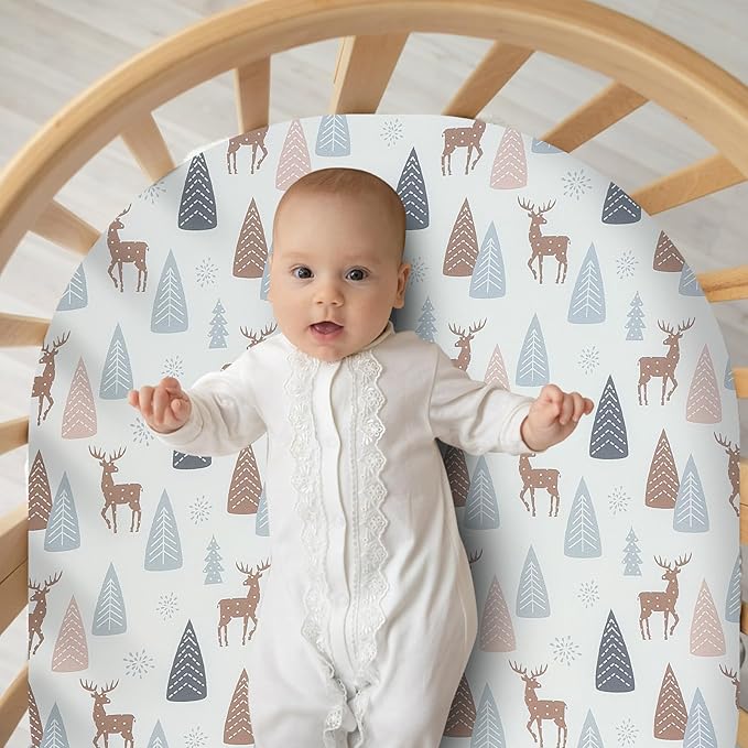 Bassinet Bed Sheet Set 2 Pcs Fits Rectangle Oval Halo Hourglass Mattress Stretchy Bassinet Bed Sheet Soft and Comfortable (Deer Park) (Lulu Paradise)