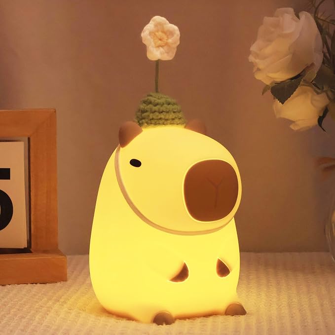Cute Capybara Night Light, Squishy Animal Flower Lamp with USB Rechargeable Timer Dimmable, Best Nursery Nightlight Home Bedside Decor Birthday Christmas Gift for Kids Women