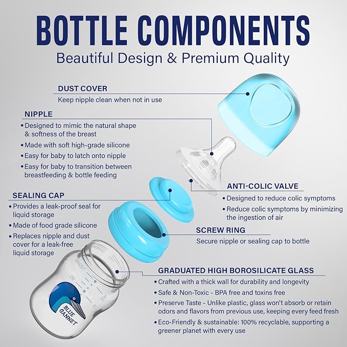 Multipurpose Anti-Colic Glass Baby Bottles with Slow Flow and Natural Flow Nipples, Breast Milk Collection and Storage Bottles, Wide-Neck Breast Pumps Compatible, 6-Pack (4oz, 6oz, 8oz)