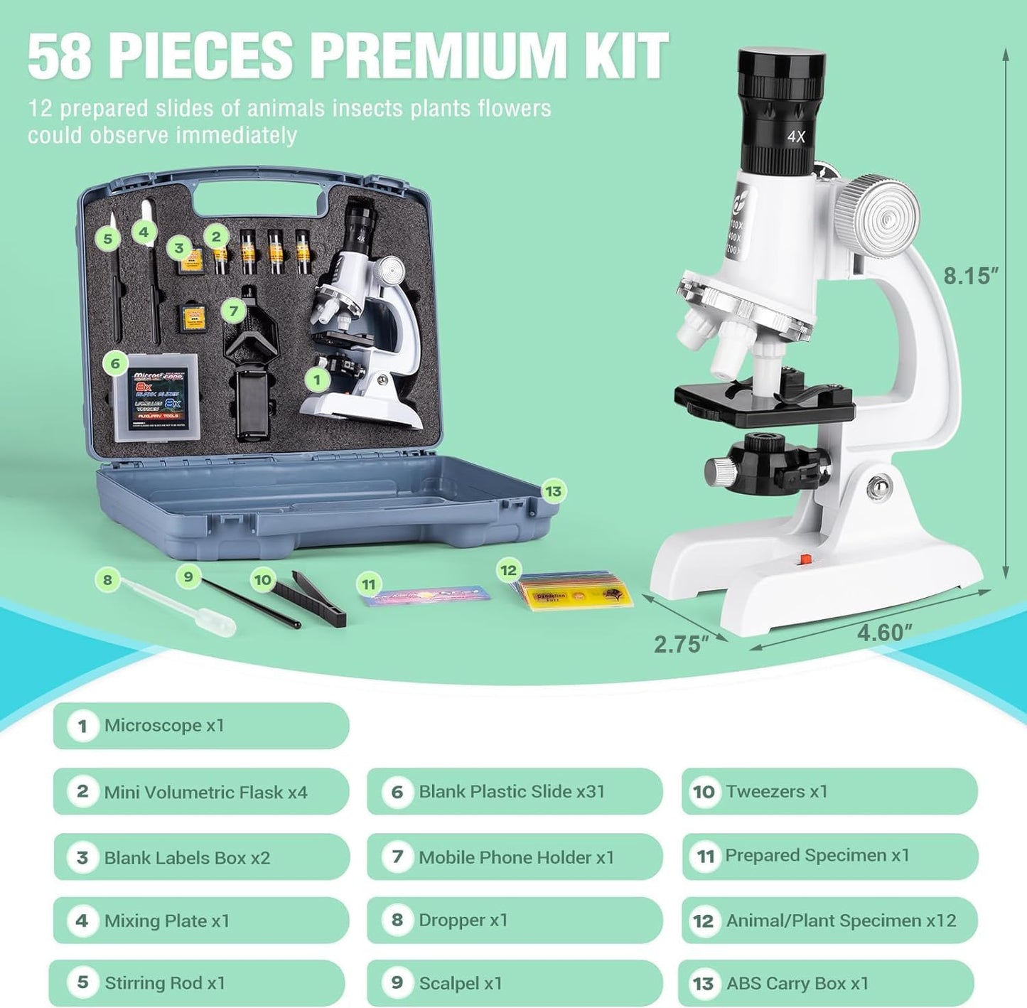 Kids Beginner Microscope Science Kit with 100X-1200X, 13 Prepared Slides & DIY Blank Slides, 18MM HD Len, LED Light Adjustable and ABS Box, Microscope for Kids 5-7 8-12