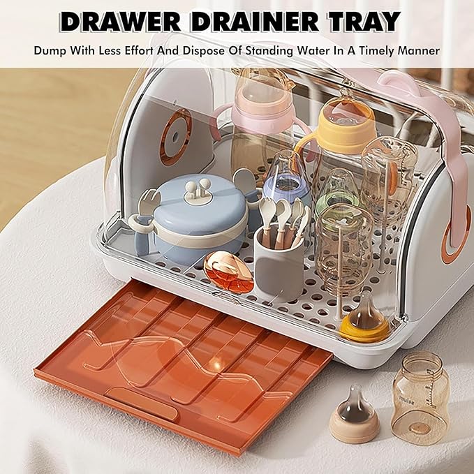 Baby Bottle Drying Rack Storage with 3 Brush, Nursing Bottle Storage Box Organizer with Cover, Portable Kitchen Cabinet Organizer, Durable countertop Dryer (Orange)