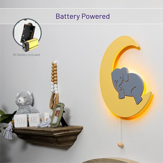 Lumipets Lighted Elephant on Moon, Nursery Night Light, Wall Mounted Lighted, Battery Operated Cloud Light Sign–Lightweight Moon Night Light for Babies, Toddlers, Kids