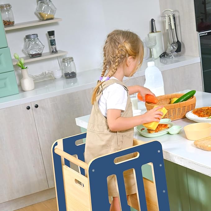 WINGYZ Toddler Kitchen Stool – Adjustable Helper Tower for Kids with Safety Rail, Wooden Standing Step-Up Stool, Sliding Door & Stable Base, Dark Blue