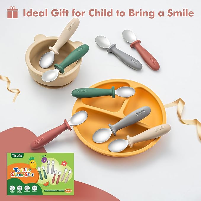 DRKIO 8 PCS Toddler Spoons Set - Baby Spoons with Silicone Handle Children safe 18/8 Stainless Steel Toddler Utensils Set for Self Feeding Kids Silverware Anti-Choke Design Food Grade Dishwasher Safe