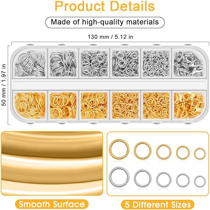 Anezus Jump Rings for Jewelry Making Supplies and Necklace Repair with Jump Ring Pliers and Open Jump Ring(1200Pcs Silver and Gold)