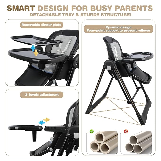 High Chairs for Babies and Toddlers Foldable High Chair Adjustable with Reclining Seat & Leg Rest, 3-in-1 Convertible Baby Swings with Tool-Free Assembly (Black)