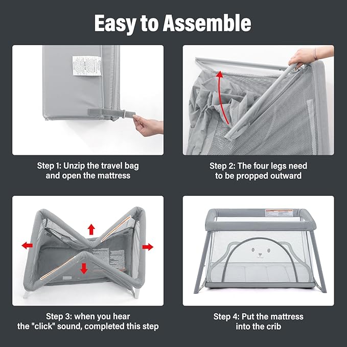 Travel Crib,Portable Crib for Baby, Pack and Play for Babies and Toddler, Lightweight Backpack Design,Foldable Travel Baby Playpen with Mattress(Light Grey)