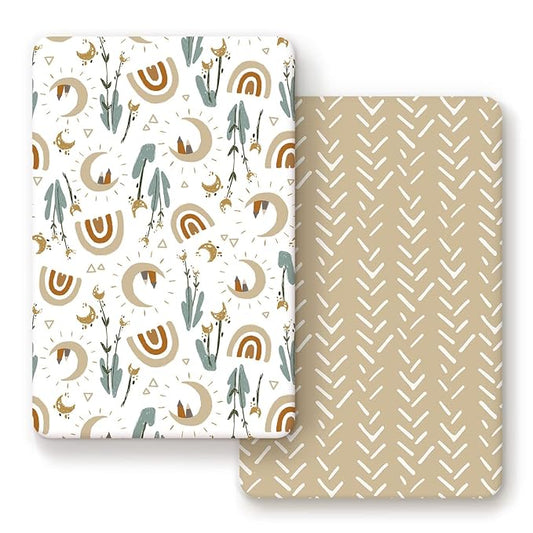 GRSSDER Stretchy Pack and Play Sheets, Ultra Soft Jersey Knit Fitted Pack n Play Sheets Set 2 Pack, Portable/Mini Cribs Sheets for Girls and Boys, Rainbow Pattern