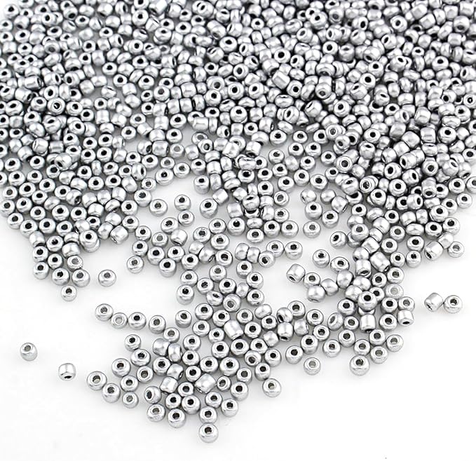 Perlin Glass Seed Beads 4mm 6/0 Round Mini Small Pony Spacer Beads 1100pcs for Jewelry Making Earrings Bracelets Pendants Waist DIY Handmade Metallic Color Kit (Silver)