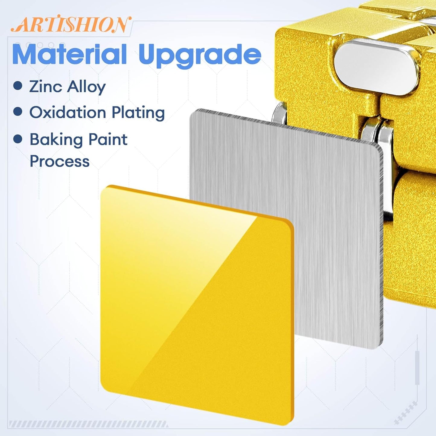 Fidget Cube, Zinc Aolly Metal Infinity Cube Fidget Desk Toy, Punk Style Design With Exquisite Case, Durable and Heavy Cool Gadgets, Adult Fidget Toys for Alleviate Stress and Anxiety(Yellow)