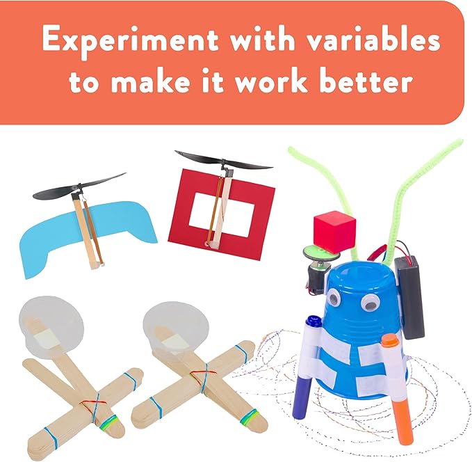 STEM Kit 4-Pack – Rubber Band Helicopter, Motorized Scribble Bot, Catapult, Propeller Car – STEM Kit for Kids Ages 8-12, Homeschool, Classroom Projects