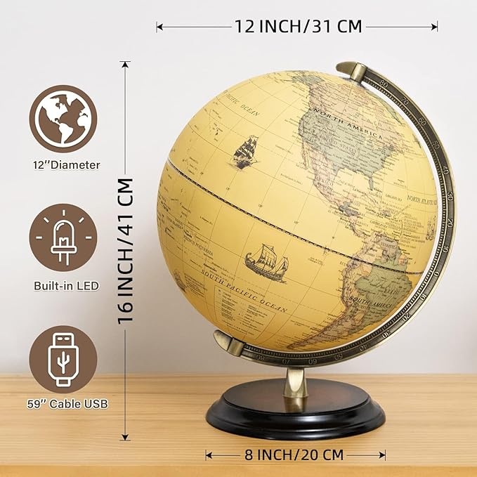 12'' Retro Illuminated World Globe with Wooden Stand, 2-1 Educ & Décor Antique Night Light up Globe Built in LED & HD Printed Map, Antique Illuminated Glob for Adults & Kids, Home Décor, Office