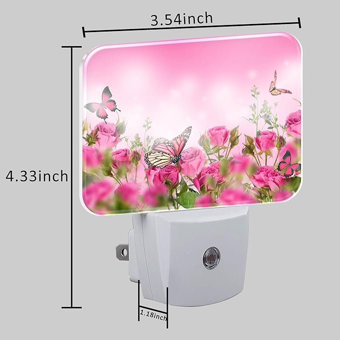Beautiful Pink Roses Plug in Night Lights, Pink Butterfly Nightlight Plug Into Wall Dusk to Dawn Sensor for Kid Girls Boys Women Men Room, Hallway, Kitchen, Bathroom, Stairs Decor