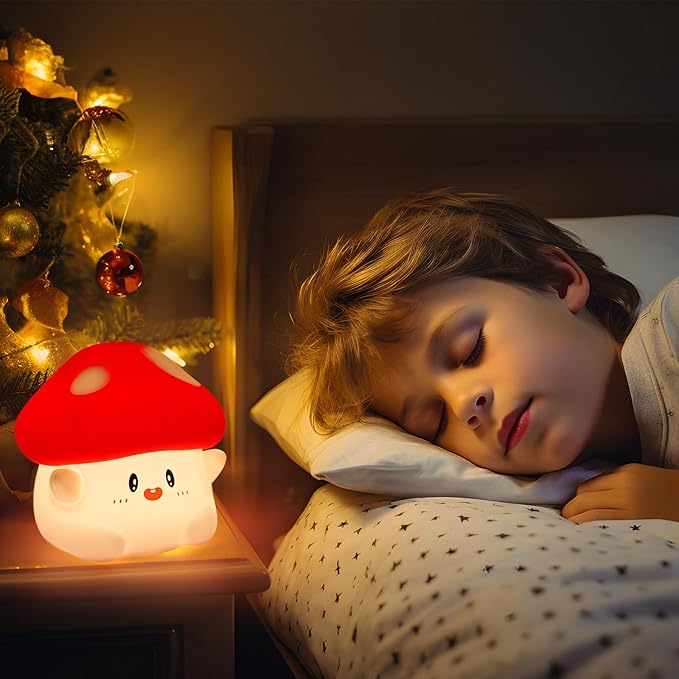 Mushroom Night Light Lamp Silicone Squishy Cute Nursery Nightlight Rechargeable Bedside Lamp with Timer & Tap Control, Christmas Gift